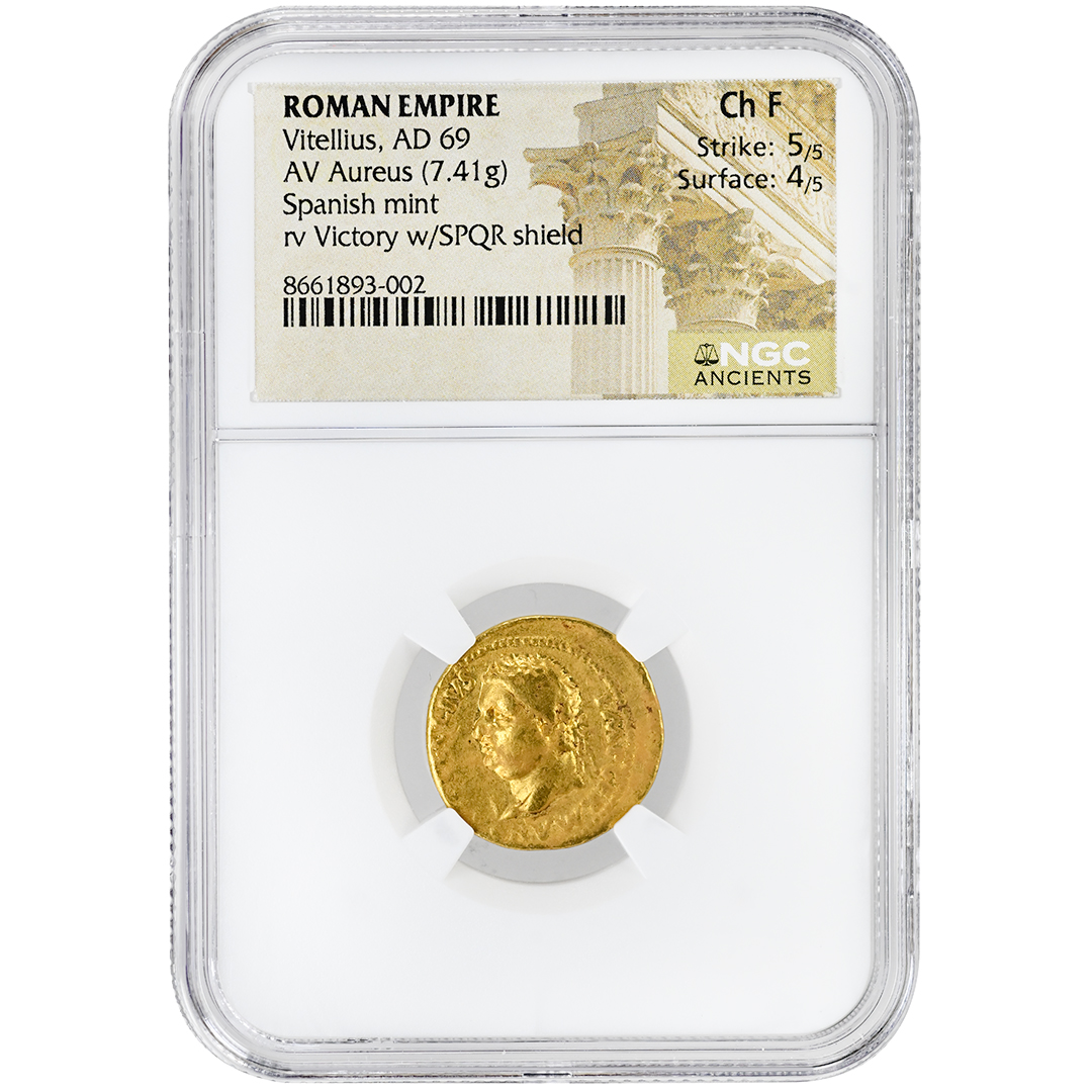ROMAN EMPIRE Vitellius AD 69 AV Aureus NGC Ch F Spanish Mint Reverse Victory with SPQR Shield Rare Roman Gold Coin