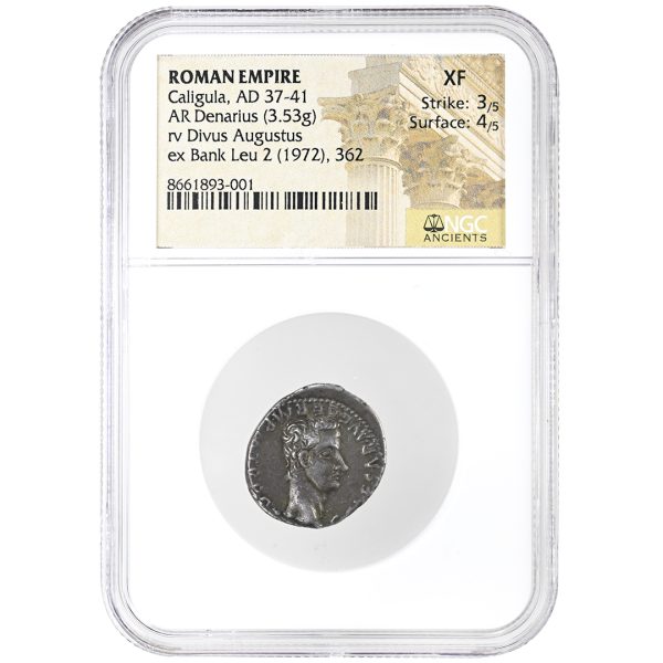 ROMAN EMPIRE Caligula AD 37‑41 AR Denarius NGC XF Reverse Divus Augustus Ex Bank Leu 2 (1972‑362)