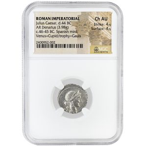 Julius Caesar AR Denarius (46–45 BC) Spanish Mint Venus+Cupid/ Trophy with Gauls