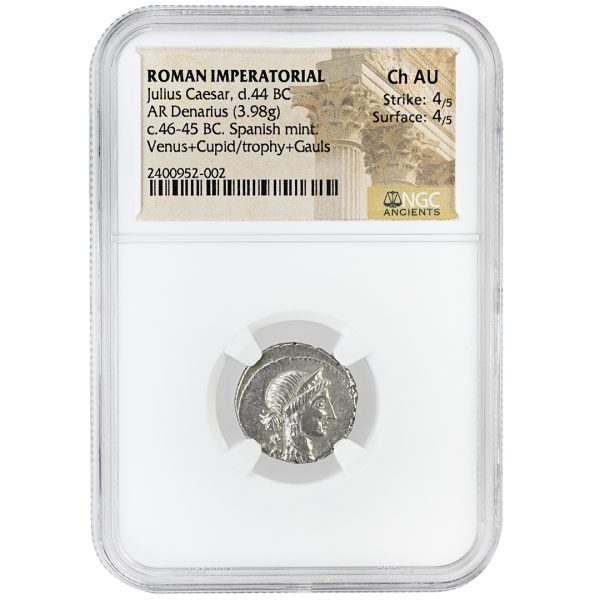 Julius Caesar AR Denarius (46–45 BC) Spanish Mint NGC Ch AU