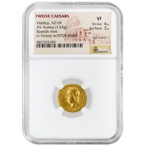 Vitellius AR Denarius AD 69 NGC VF Twelve Caesars Roman Silver Coin, Spanish Mint, Victory with SPQR Shield Reverse