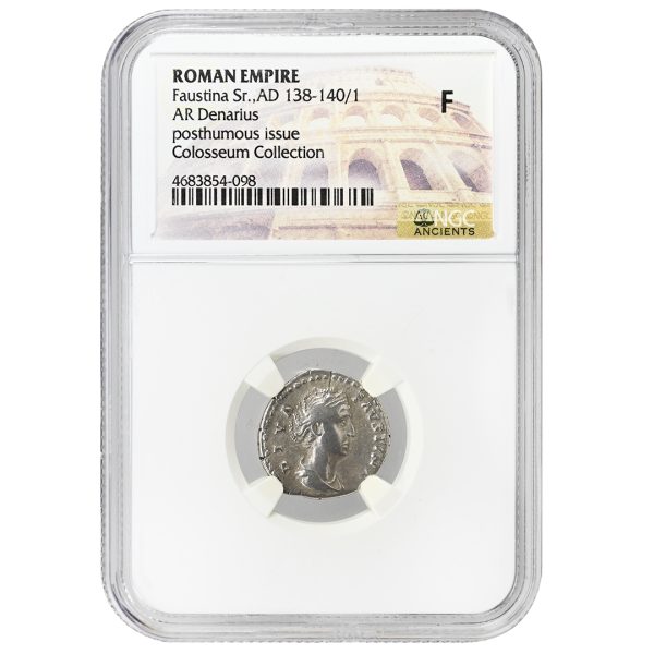 Faustina Senior AR Denarius AD 138–140/141 NGC F Posthumous Issue, Roman Empire Silver Coin, Colosseum Collection