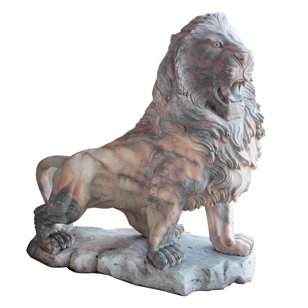 Pair of Marble Hand Carved Lion Statues Genuine Chinese Pink and Grey Marble - Image 3