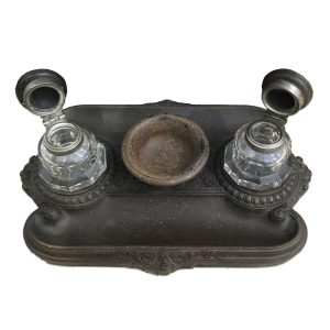 Inkwell Early 20th Century Clear Glass Inkwells Wood Base