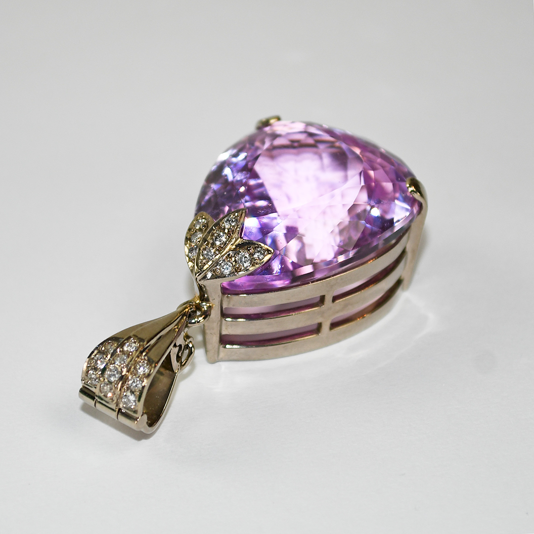 18K White Gold Kunzite & Diamond Pendant 31g - Image 2