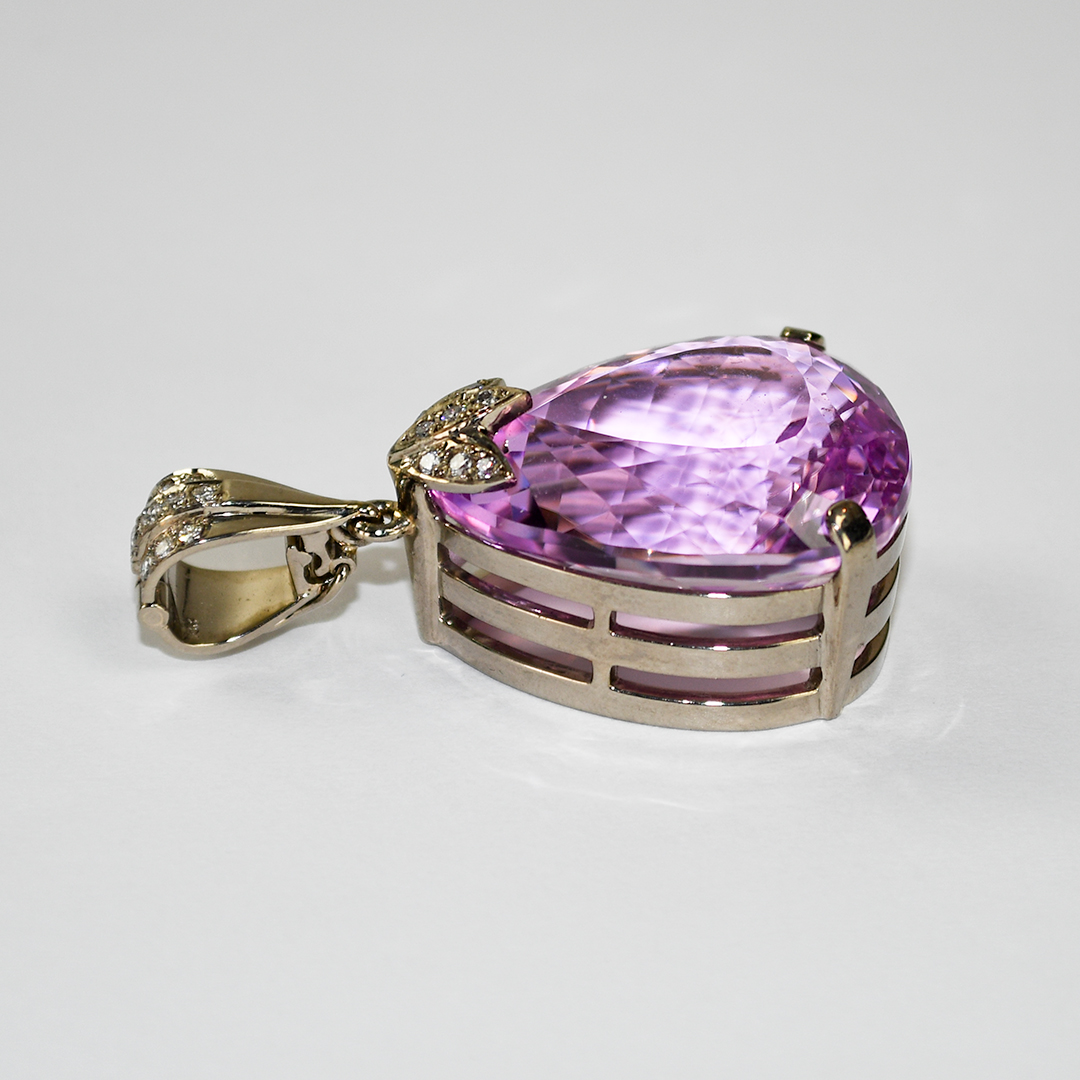 18K White Gold Kunzite & Diamond Pendant 31g - Image 3