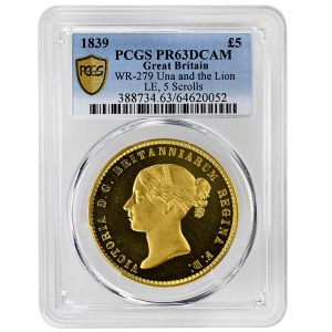 1839 5 Sovereign, Una and the Lion PCGS PR63DCAM Victoria
