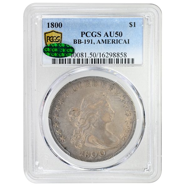1800 $1 Draped Bust Dollar, PCGS AU50 CAC, B-11 BB-191 Americai