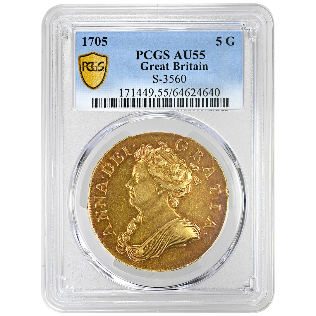 1705 GREAT BRITAIN 5 Guineas, PCGS AU55 QUEEN ANNE