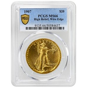 1907 $20 High Relief-Wire Edge St. Gaudens Rare Coin, PCGS MS66
