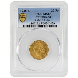 1925 B 20 Francs PCGS MS65