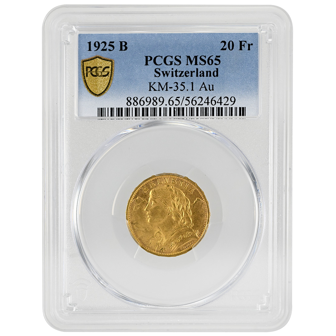 1925 B 20 Francs PCGS MS65