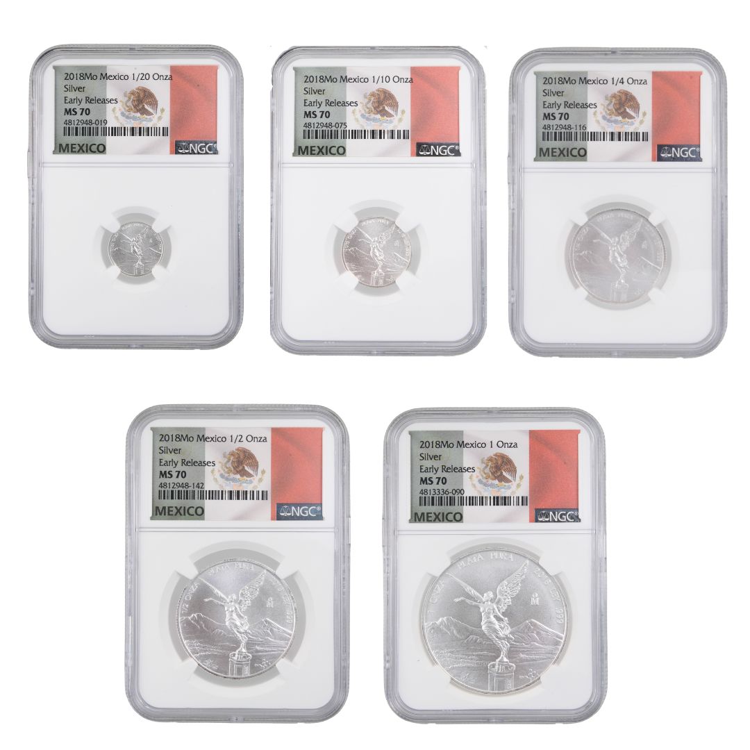 Lot of 5- 2018-Mo Mexico Silver Onza NGC MS70 Early Release Set- 1.90 ozt NGC MS70