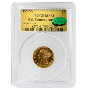 1857-S $5 Liberty Head Gold PCGS MS64 CAC S.S. Central America Rare Coin