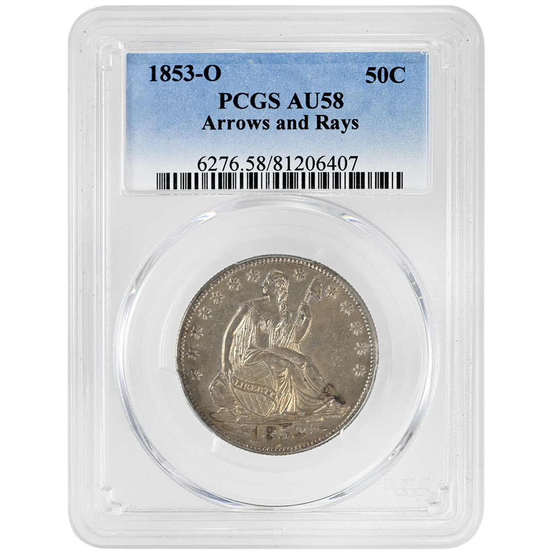 1853-O 50C Liberty Seated Half Dollar Arrows and Rays Rare Coin PCGS AU58