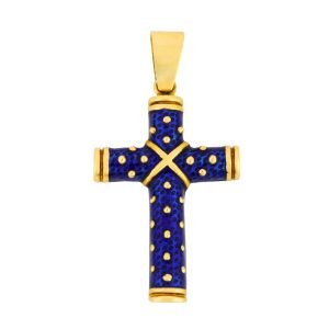 18K Yellow Gold & Blue Enamel Cross Pendant