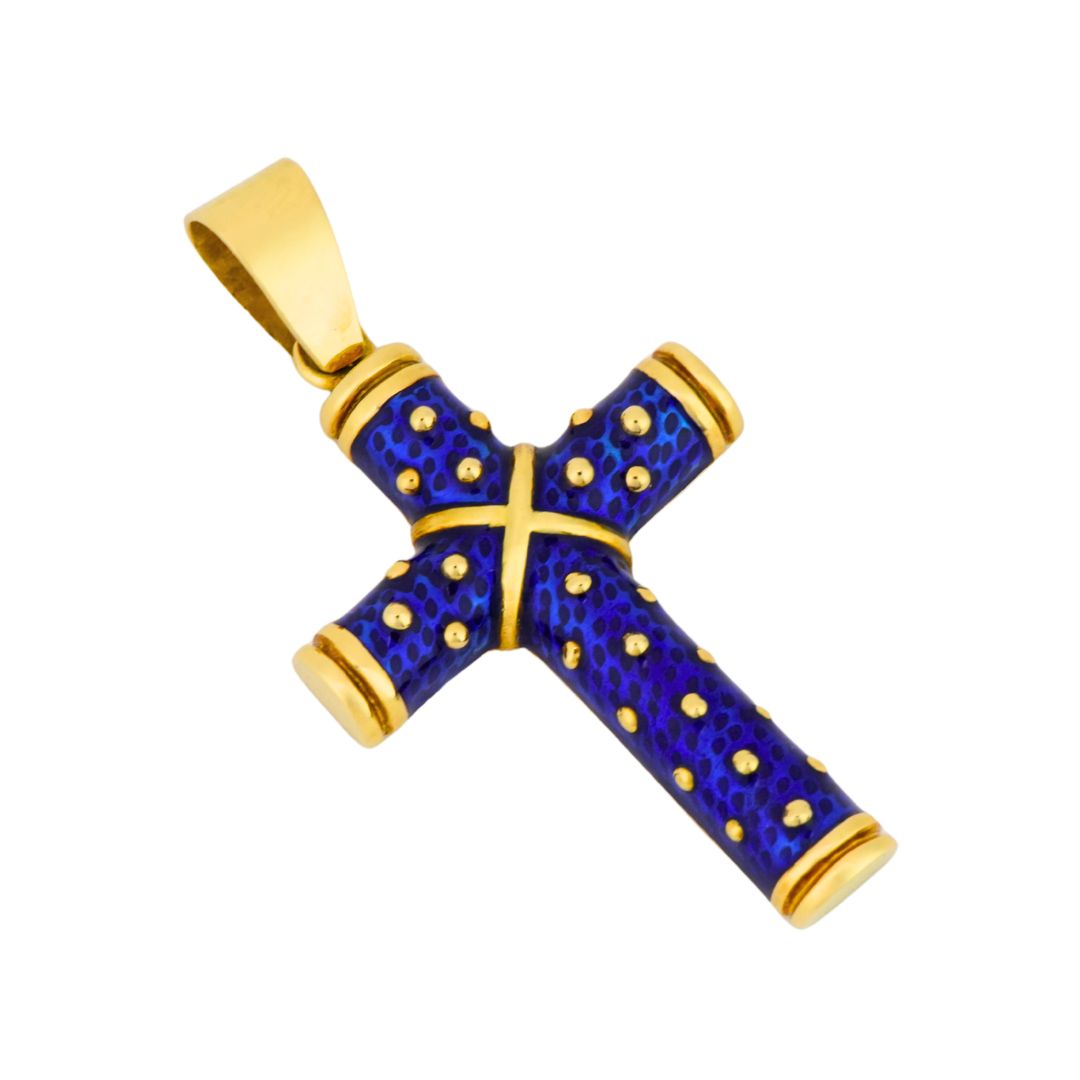 18K Yellow Gold & Blue Enamel Cross Pendant