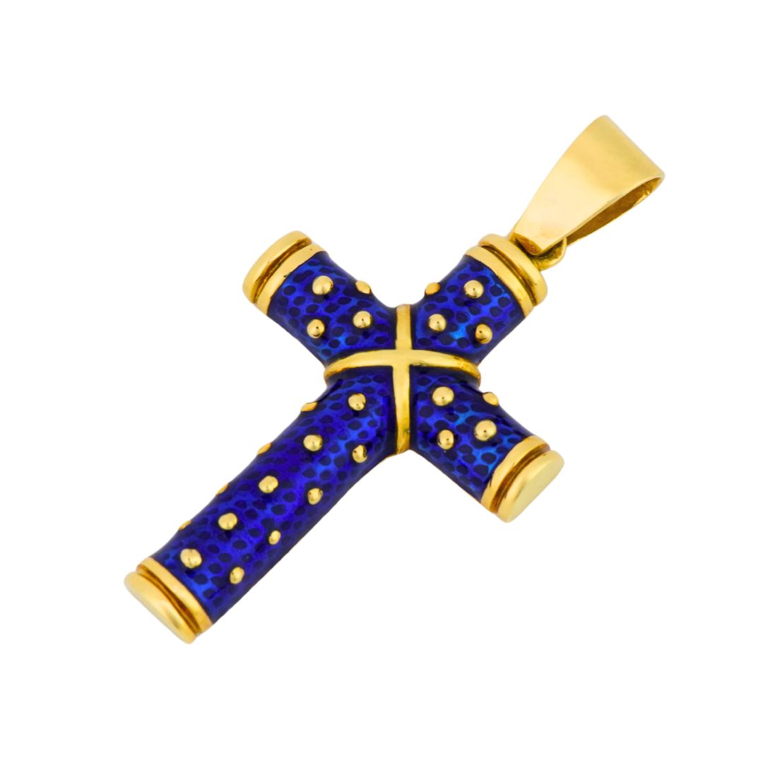 18K Yellow Gold & Blue Enamel Cross Pendant