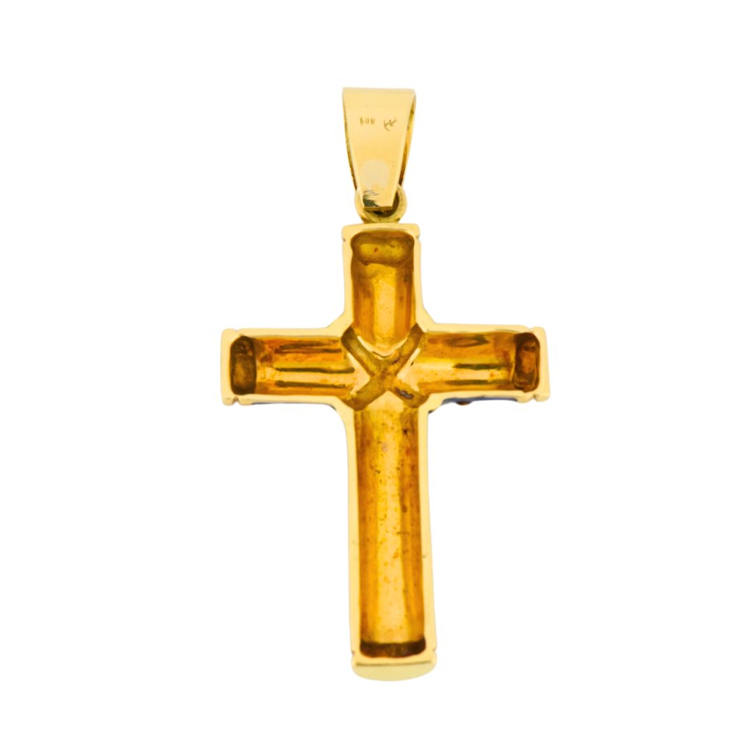18K Yellow Gold & Blue Enamel Cross Pendant