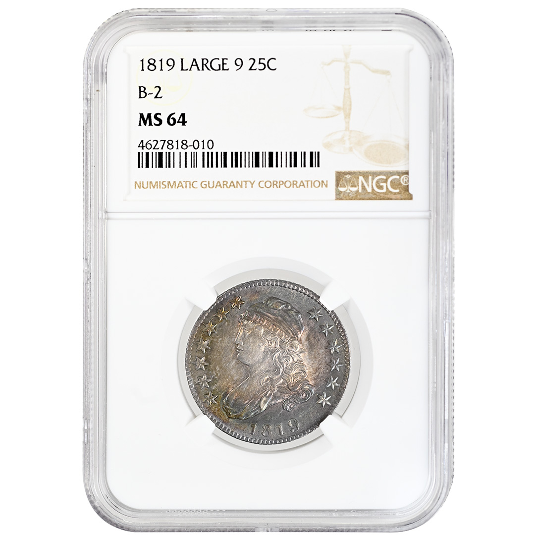 1819 25C Capped Bust Quarter Rare Coin B-2 Large 9 NGC MS64