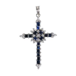 13K White Gold Blue Sapphire and Diamond Cross Pendant