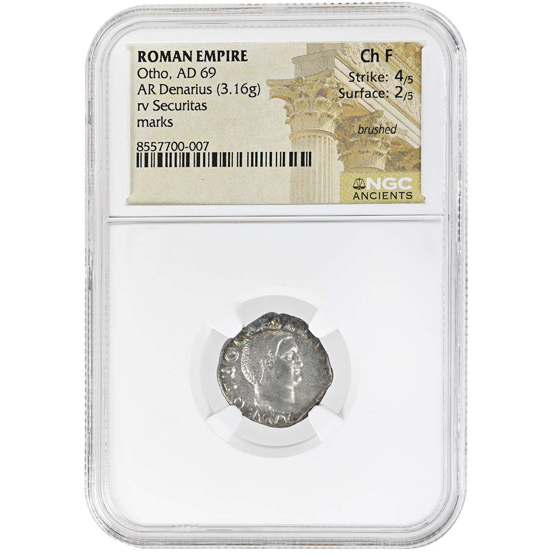 Roman Empire Otho AR Denarius 69 AD NGC Certified Ch F 4/5 Surface: 2/5 Ancient Silver Coin