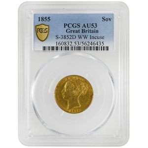 1855 Great Britain Gold Sovereign Victoria WW Incuse PCGS AU53