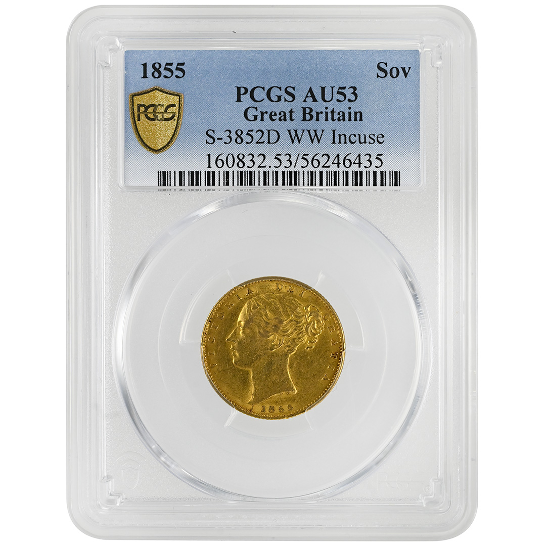 1855 Great Britain Gold Sovereign Victoria WW Incuse PCGS AU53