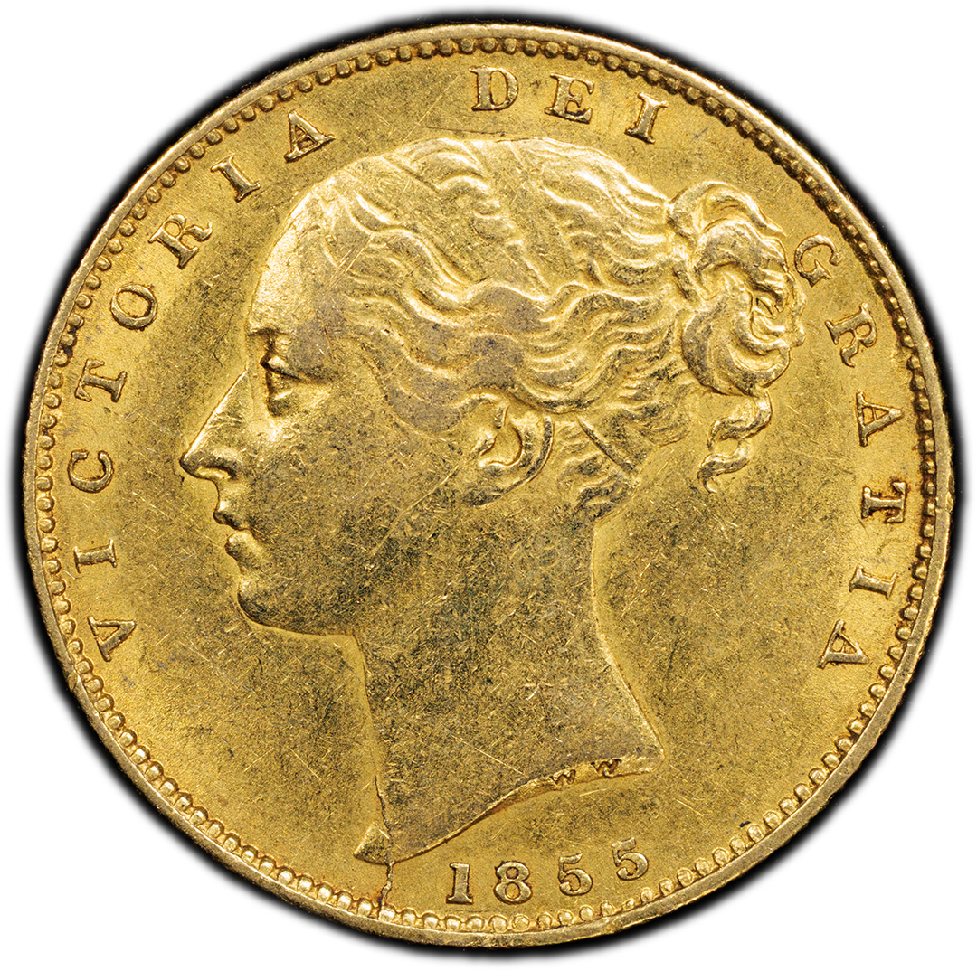 1855 Great Britain Gold Sovereign Victoria WW Incuse PCGS AU53