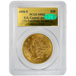 1856-S $20 Liberty Head PCGS MS62 CAC SS CENTRAL AMERICA