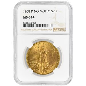 1908-D $20 Saint-Gaudens Rare Coin Double Eagle No Motto NGC MS64+