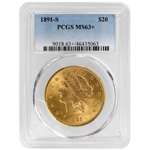 1891-S $20 Liberty Head Rare Coin PCGS MS63+