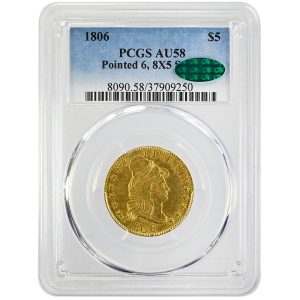 1806 $5 Draped Bust Rare Coin Pointed 6 8X5 Stars PCGS AU58 CAC