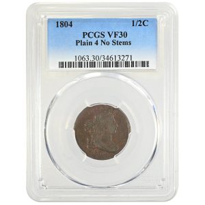 1804 Draped Bust Half Cent Rare Copper Coin PCGS VF30 Plain 4 No Stems 