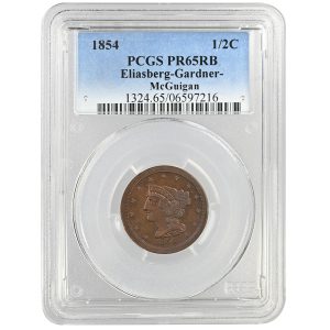 1854 1/2C Braided Hair Half Cent Rare Coin PCGS PR65RB