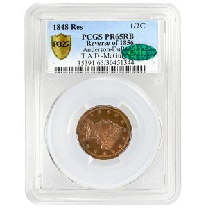 1848 Res 1/2C Braided Hair Half Cent PCGS PR65RB CAC Rev 1856
