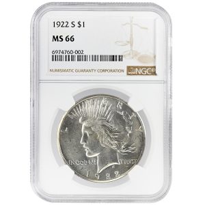 1922-S $1 Peace Dollar Rare Coin NGC MS66
