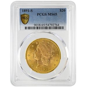 1891-S $20 Liberty Head Rare Coin PCGS MS65