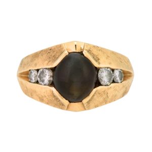 14K Yellow Gold Cat's Eye Chrysoberyl & Diamond Ring