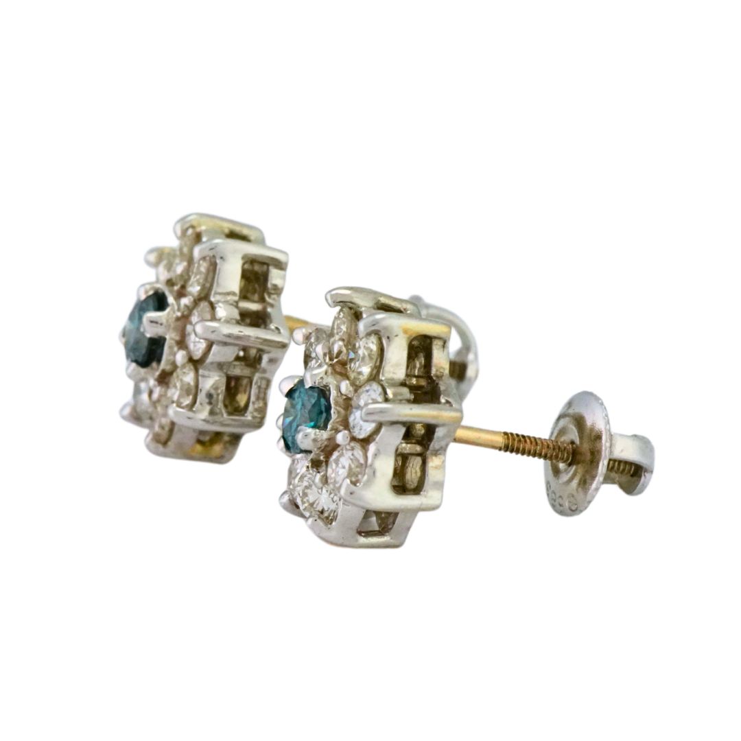 14K White Gold Blue & White Diamond Cluster Earrings