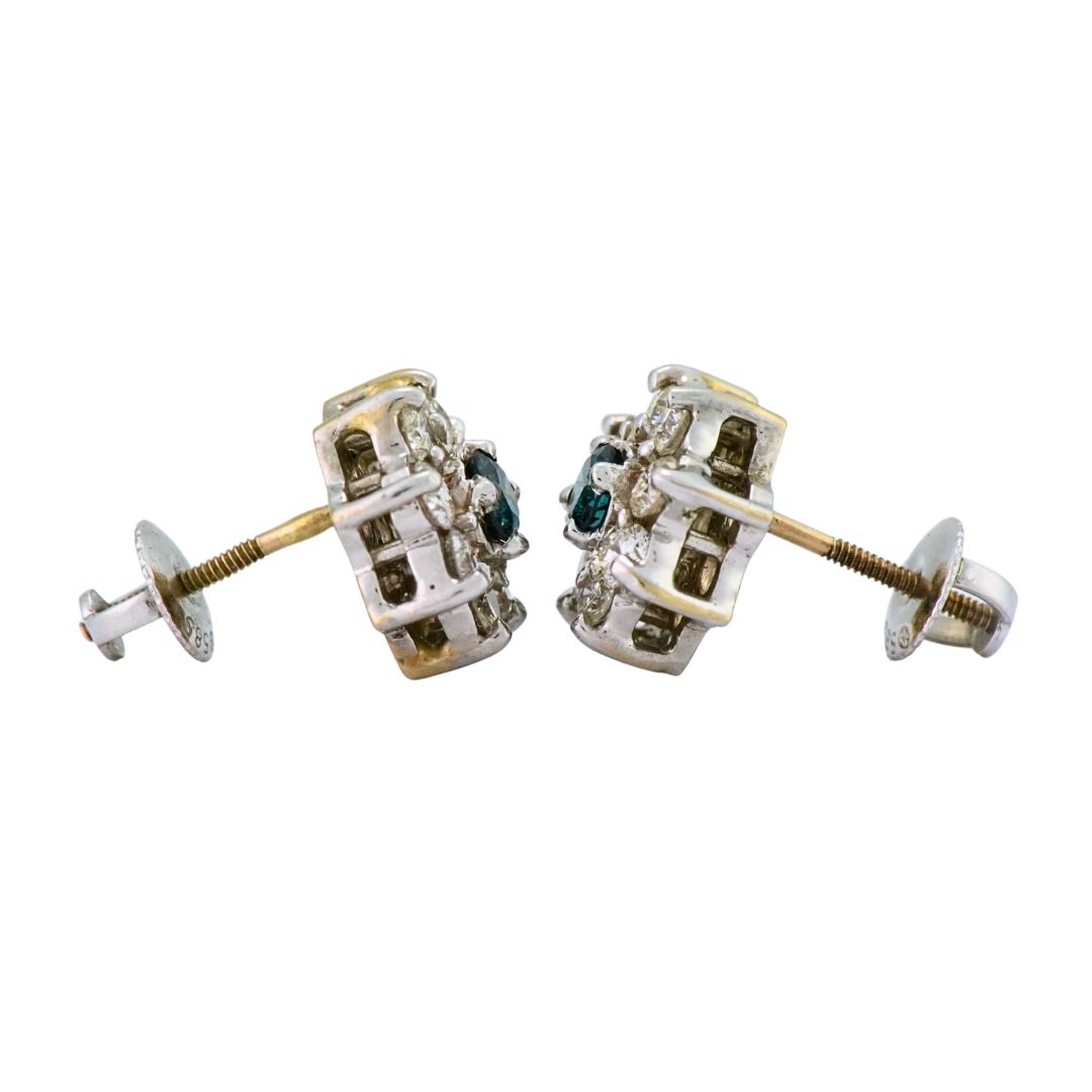 14K White Gold Blue & White Diamond Cluster Earrings