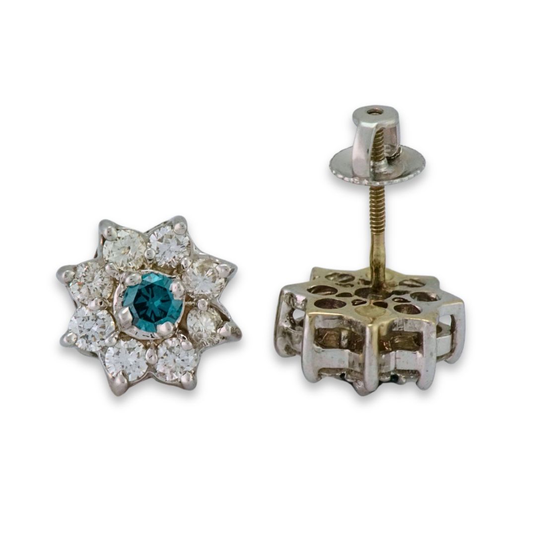 14K White Gold Blue & White Diamond Cluster Earrings - Image 3