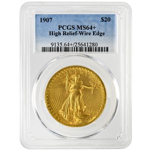 907 $20 High Relief-Wire Edge St. Gaudens Rare Coin PCGS MS64+