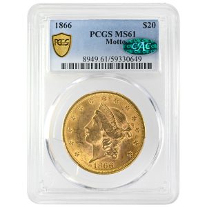 1866 $20 Motto Liberty Head Rare Coin PCGS MS61 CAC