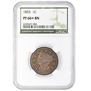 1855 1C NGC PF66+BN Braided Hair Cent Rare Coin Slanted 55