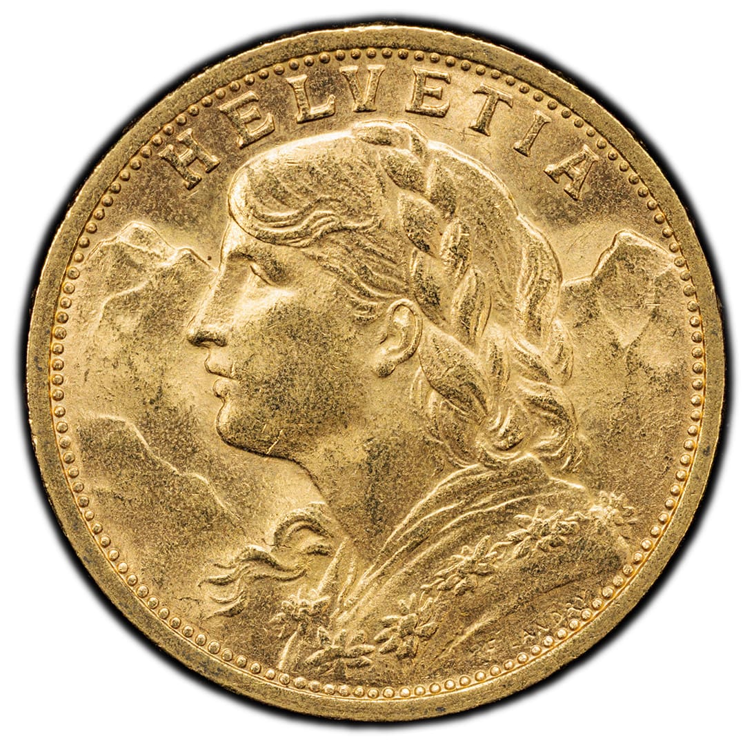 1910 B Switzerland 20 Francs PCGS MS65 Helvetia