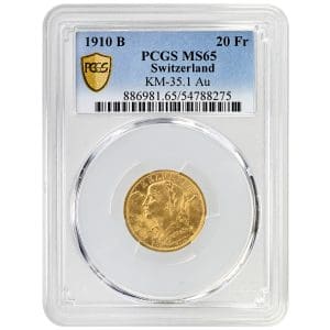 1910 B Switzerland 20 Francs PCGS MS65 Helvetia