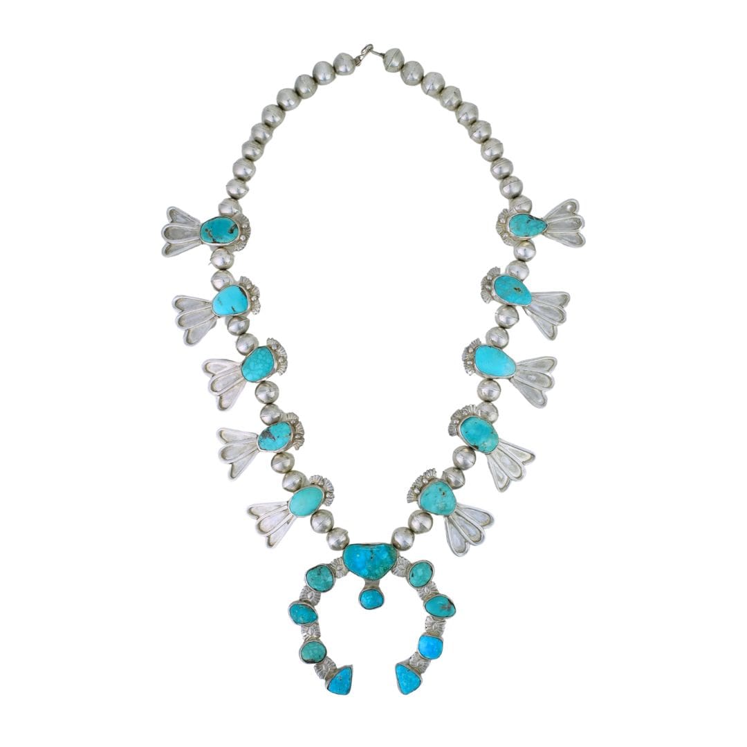 Native American Sterling Silver Turquoise Squash Blossom Necklace