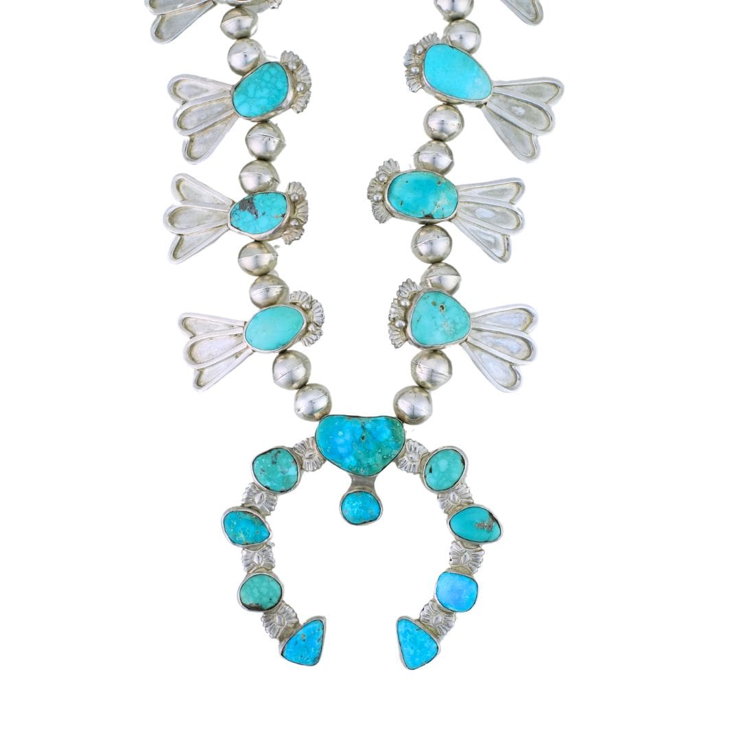 Native American Sterling Silver Turquoise Squash Blossom Necklace