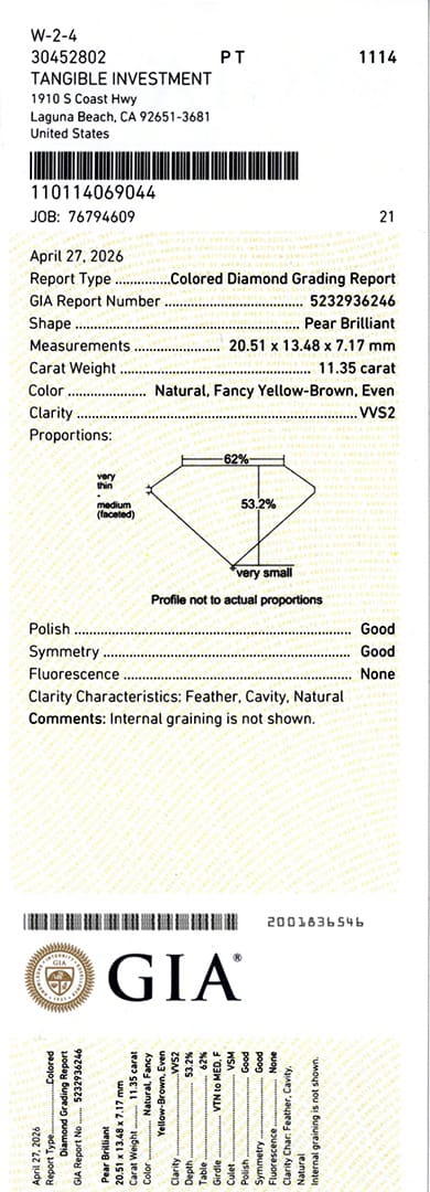 11.35 carat natural Fancy Yellow-Brown Pear brilliant Diamond